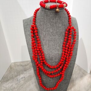 Teng Yue Multi-Strand Red Bead Necklace and Bracelet Set
